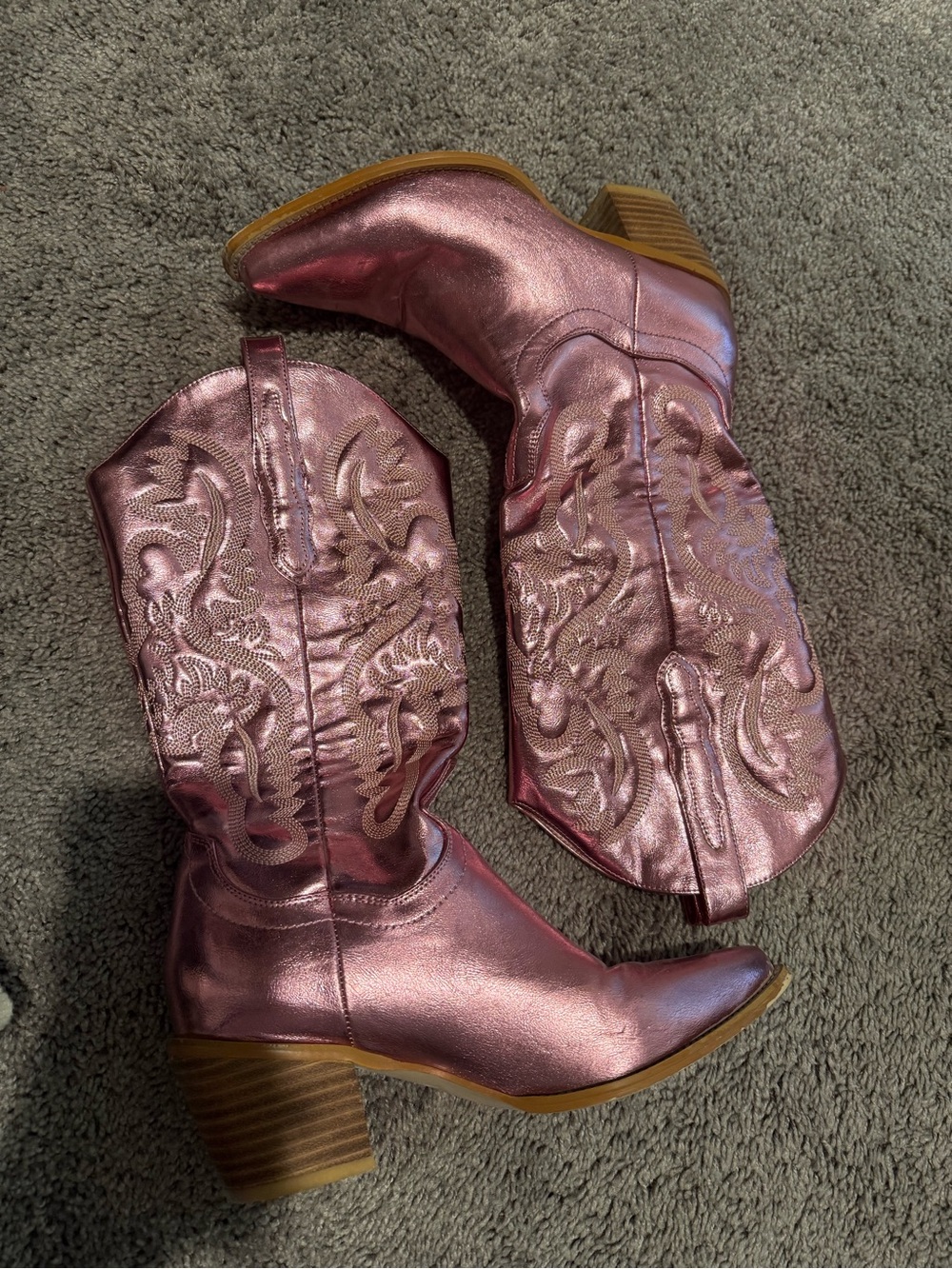 Metallic Pink Embroidered Western Heeled Boots